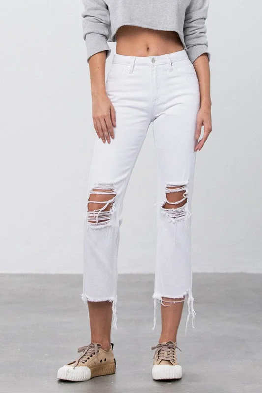 Travel Jeans for On-the-go -High Waist Ripped Frayed Hem Straight Jeans