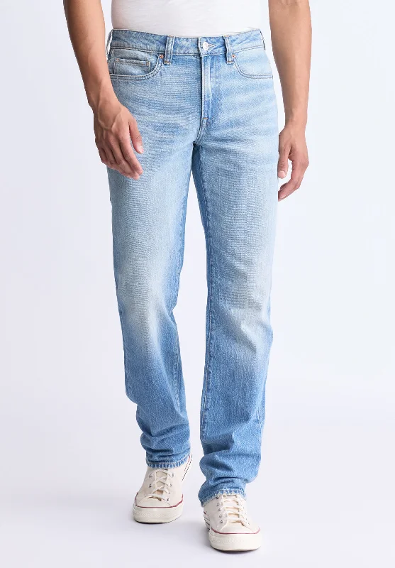 High Waisted Jeans for Shape -Straight Six Men's Crinkled and Sanded Jeans, Light blue - BM26000