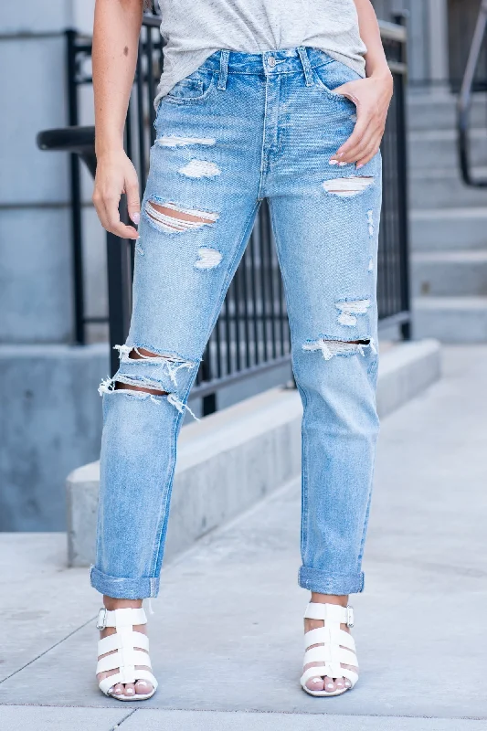 High Waisted Jeans for Shape -Worn Blue Rolled Up Boyfriend Jeans