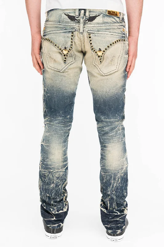 Graduation Jeans for Milestone -CROSSED OUT LONG FLAP MENS JEANS IN 4D DARK BROKEN WITH CRYSTALS