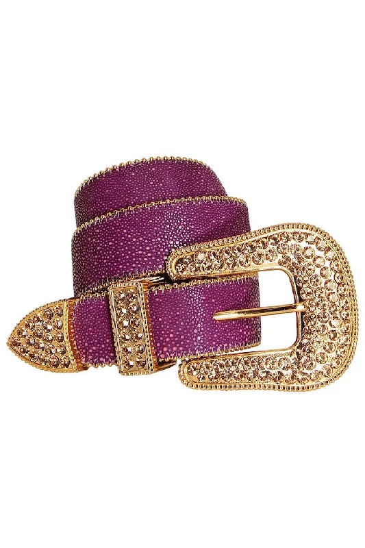 Raw Hem Jeans for Trendy -ROBIN'S JEAN CRYSTAL BELT IN PURPLE LIZARD WITH GOLD