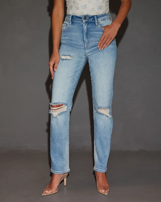 Cropped Jeans for Summer Look -Polly Mid Rise Distressed Straight Leg Jeans