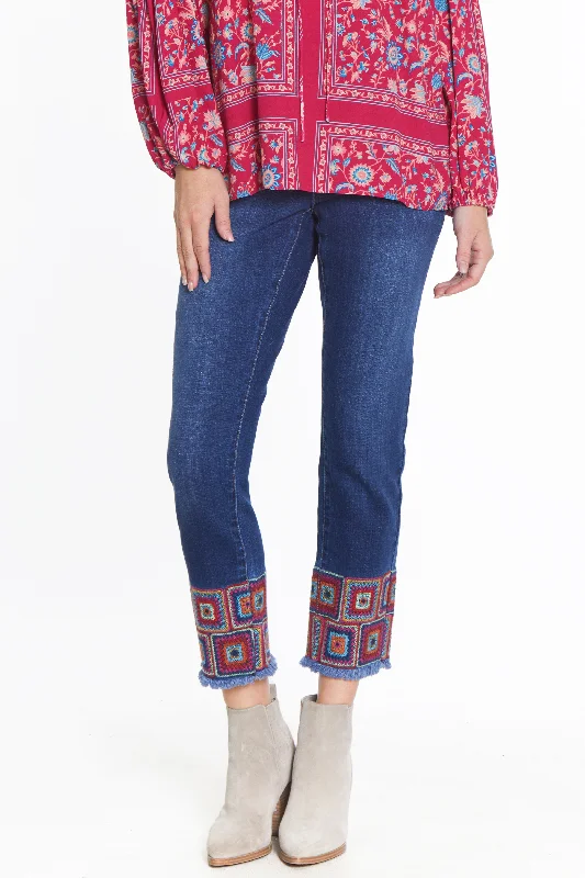 Embellished Back Pocket Jeans for Glamour -Ankle Jean with Embroidered Hem - Dark Indigo