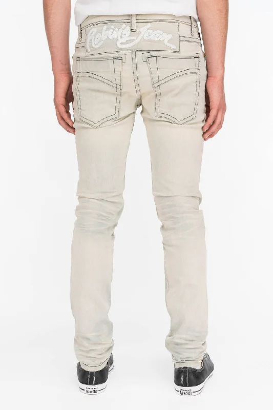 Frayed Hem Jeans for Edgy -MENS SKINNY FIT JEANS WITH WHITE  EMBROIDERY IN VINTAGE LIGHT