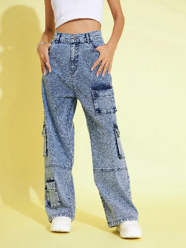 Sustainable Jeans for Eco -Girls Blue Acid Wash Multi Pockets Straight Jeans