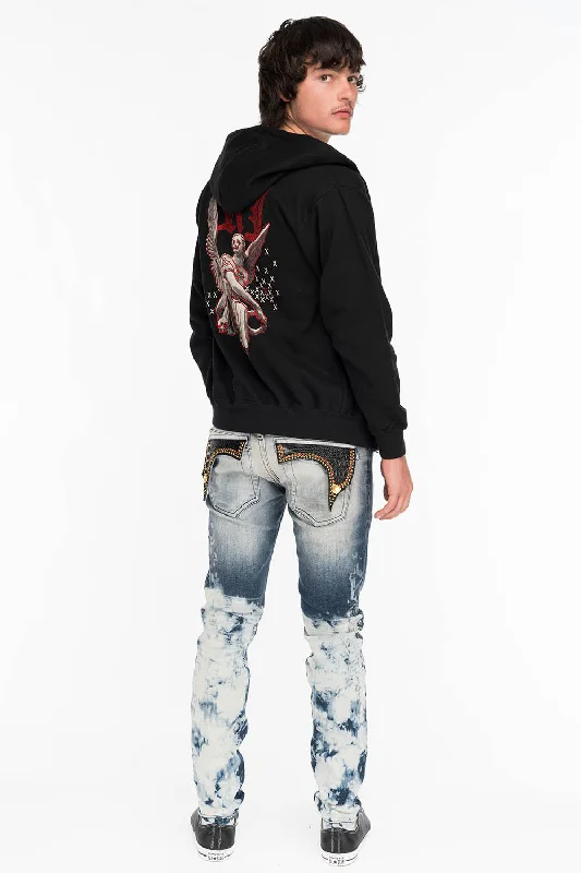 Mini Shorts Jeans for Youthful -KILLER FLAP MENS SKINNY JEANS IN CLOUD JAPAN WITH CROCODILE FLAPS AND RED CRYSTALS