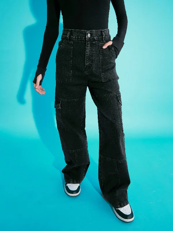 Office Jeans for Professional -Girls Black Acid Wash Front Seam Straight Jeans