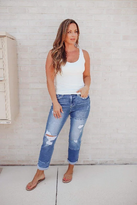 Distressed Jeans for Edgy Style -Free Spirit Cuffed Stretch Boyfriend Jeans