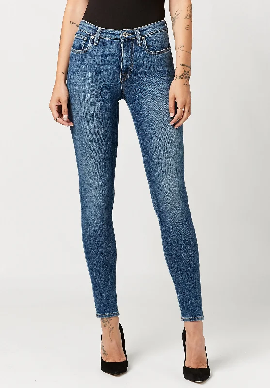 Travel Jeans for On-the-go -Mid Rise Skinny Alexa Women's Jeans in Sanded Mid Blue - BL15749