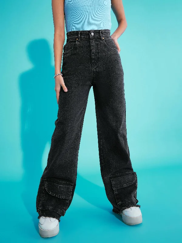 Casual Friday Jeans for Relaxed -Girls Black Acid Wash Hem Pocket Straight Jeans