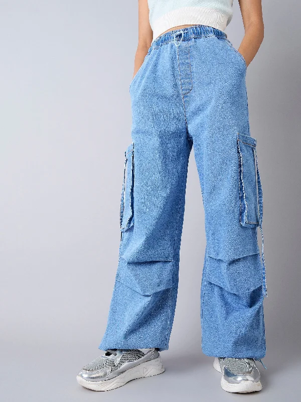 Christmas Jeans for Seasonal -Girls Ice Blue Side Pockets Cargo Jeans