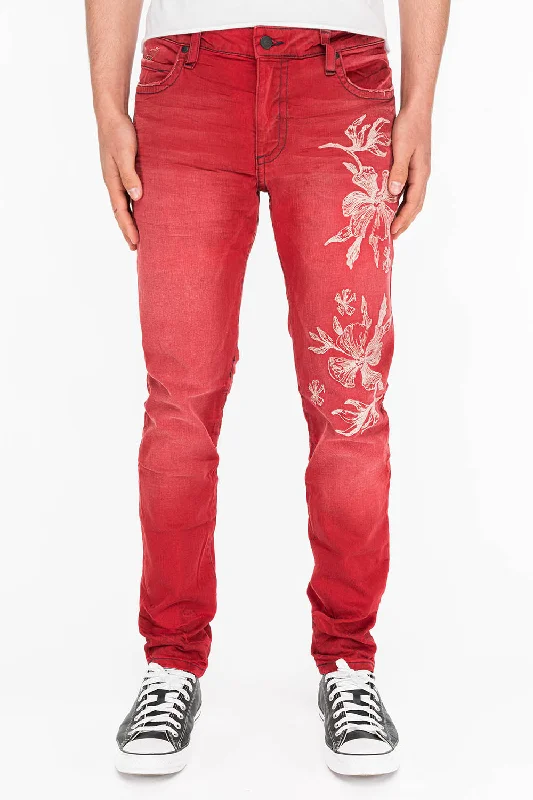 Cuffed Jeans for Stylish Touch -MEN'S SKINNY JEANS IN F-ED UP RED WITH EMBROIDERY