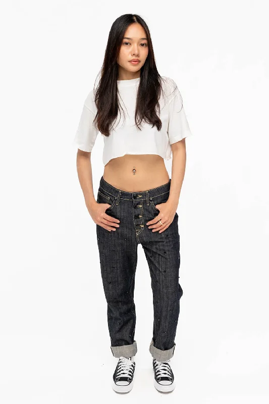 Metal Button Jeans for Classic -WOMENS BOYFRIEND STYLE JEANS RELAXED FIT WITH JET BLACK CRYSTALS IN RAW