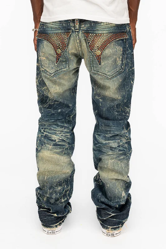 Christmas Jeans for Seasonal -LONG FLAP STRAIGHT DESTROY DENIM JEANS WITH CRYSTALS IN 4D DARK BROKEN