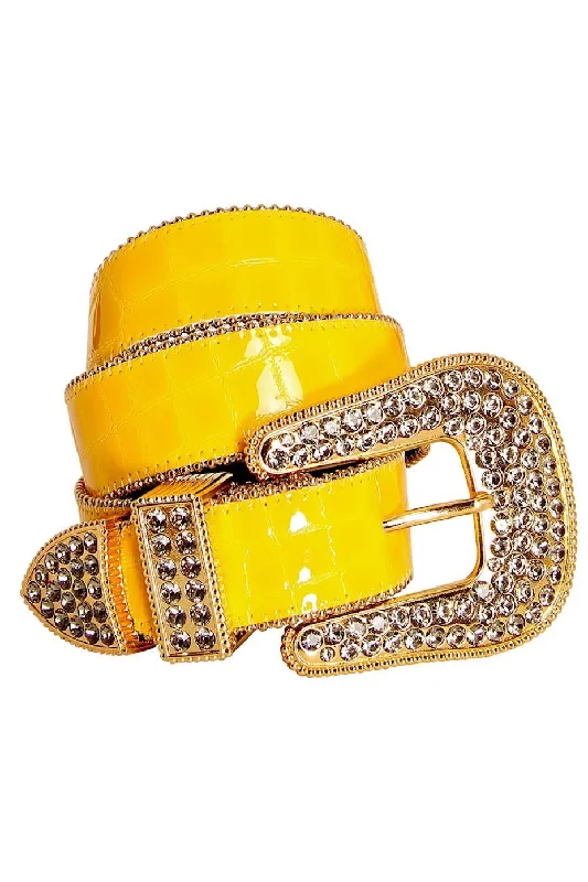 Embellished Back Pocket Jeans for Glamour -ROBIN'S JEAN PATENT LEATHER YELLOW CROCODILE BELT FULL BEADED