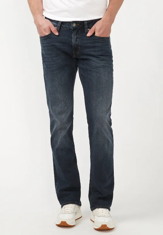 Yoga Jeans for Stretch -Slim Boot King Men's Jeans in Crinkled and Sanded Dark Blue - BM22720 