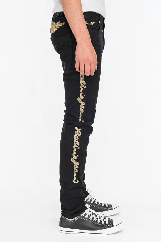 Painted Back Pocket Jeans for Artistic -SKINNY MENS JEANS IN PURE BLACK WITH GOLD EMBROIDERY