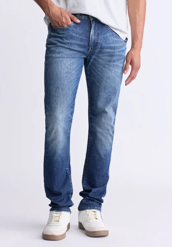 Recycled Jeans for Green -Slim Ash Men's Crinkled and Worn Jeans, Indigo - BM26008