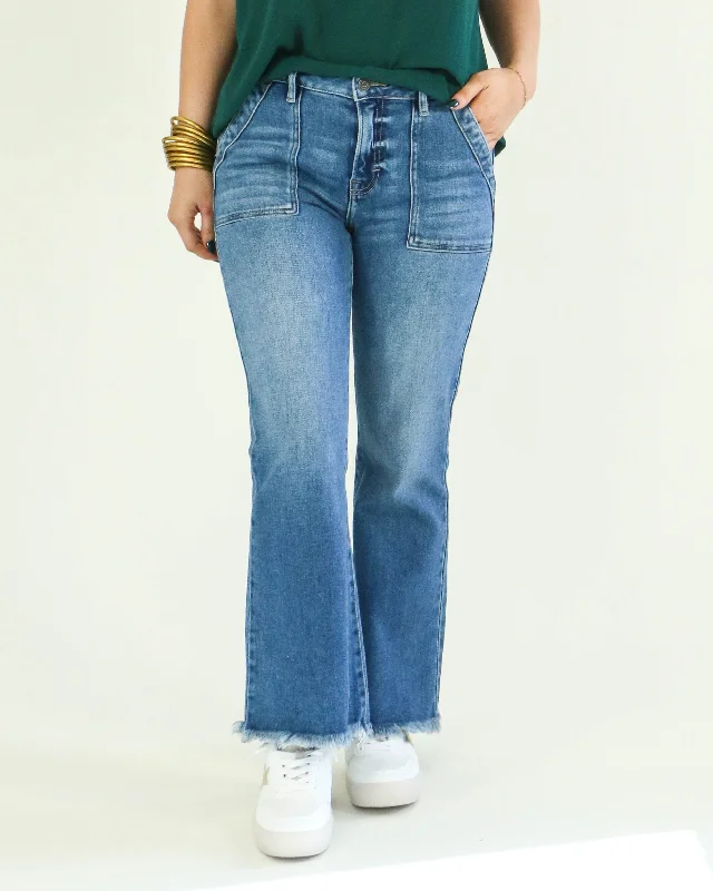 Metal Button Jeans for Classic -Medium Dark Wash Cargo Flare Hidden Jeans