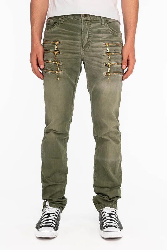 Flare Jeans for Retro Vibe -MENS MOTORCYCLE ZIPPERS SLIM JEANS IN PIGMENT SPRAY GREEN ARMY