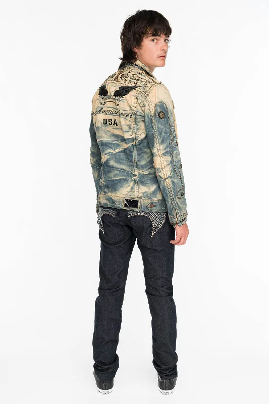 Faded Jeans for Laid-back -MENS RAW DENIM SLIM FIT KILLER FLAP JEANS WITH TWO TONE EMBROIDERED WINGS AND CRYSTALS