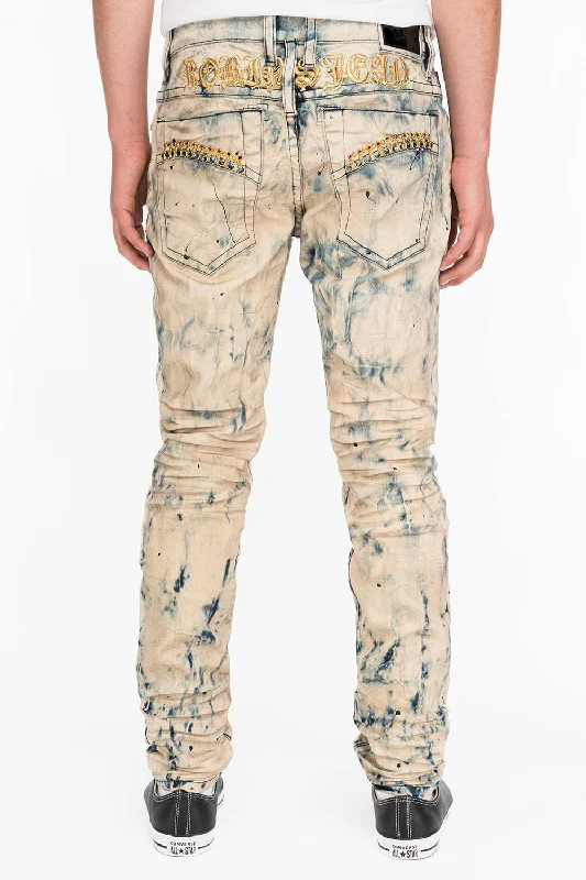 Decorated Back Pocket Jeans for Style -SKINNY MENS JEANS IN FROZEN WASH WITH MONTANA BLUE AND RED CRYSTALS