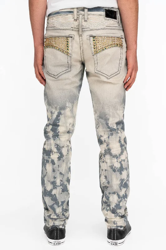 Party Jeans for Night Out -BIG MARLON 5 POCKET SLIM FIT MENS JEANS IN MINERAL LIGHT BLUE WITH CRYSTALS