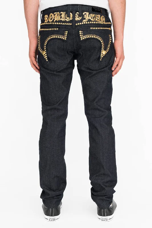 Cargo Jeans for Utility -MENS RAW DENIM SLIM FIT KILLER FLAP JEANS WITH O.E. SCRIPT STUDS AND CRYSTALS