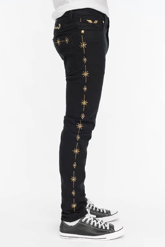 Raw Hem Jeans for Trendy -YUMA SKINNY MENS JEANS IN BLACK WITH GUNSLINGER CRYSTAL MOTIF