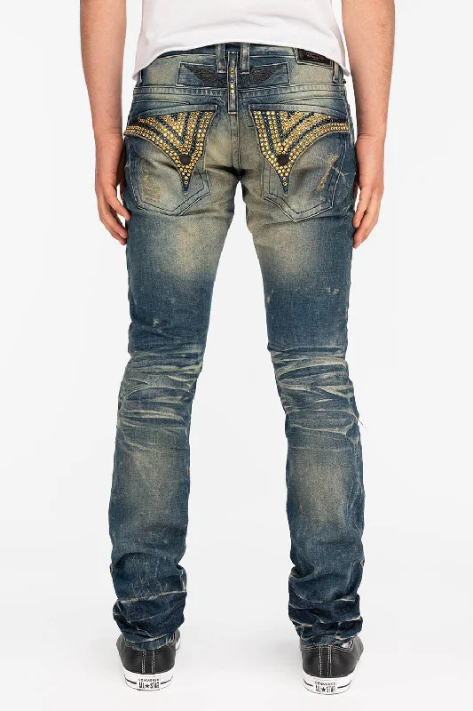 Father's Day Jeans for Present -CROSSED OUT LONG FLAP MENS JEANS WITH CRYSTALS IN 4D DARK BROKEN