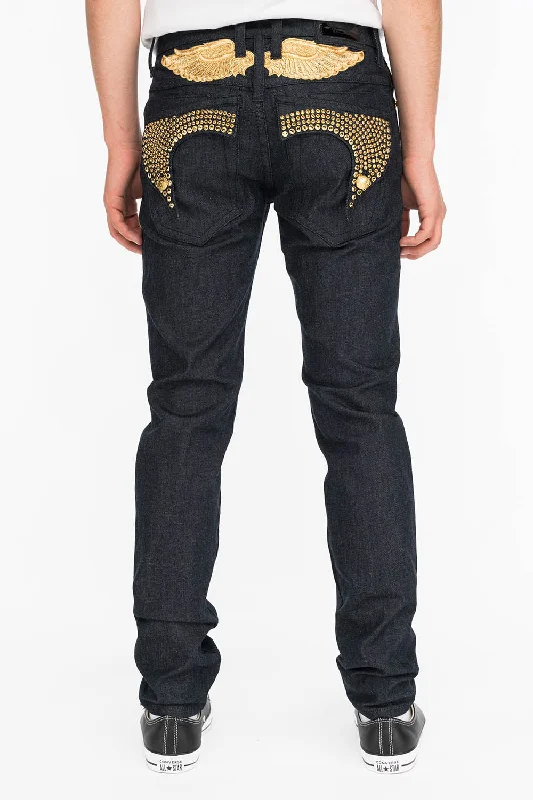 Gray Jeans for Neutral Tone -MENS RAW DENIM SLIM FIT KILLER FLAP JEANS WITH GOLD WINGS AND CRYSTALS