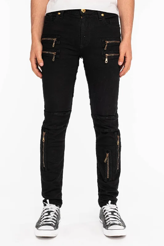 Acid Wash Jeans for Vintage -MENS NEW BIKER SKINNY JEANS IN PURE BLACK WITH GOLD WINGS