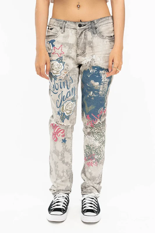 A-line Skirt Jeans for Grace -BOYFRIEND STYLE WOMENS JEANS IN MARCEL BLACK WASH WITH GEISHA PRINT