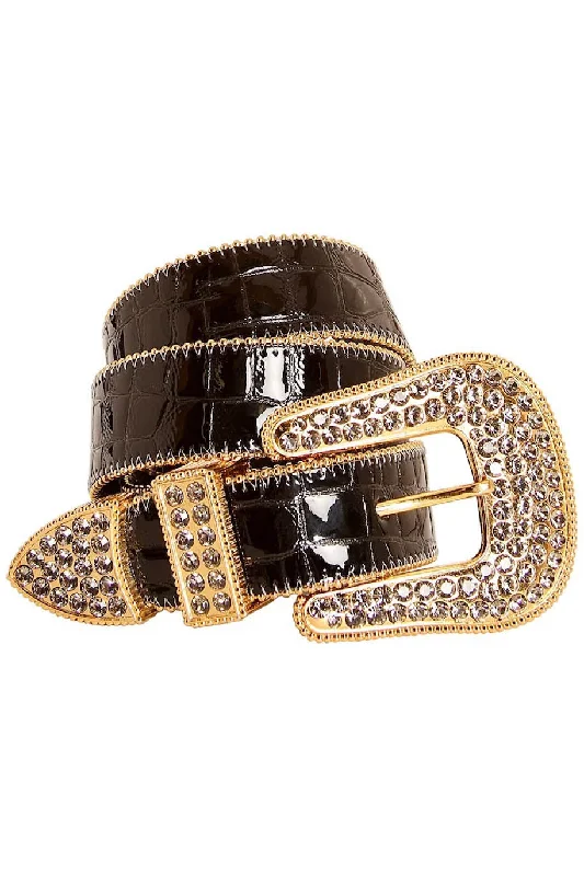 Relaxed Jeans for Comfortable -ROBIN'S JEAN CRYSTAL BELT IN BLACK WITH BLK DIAMOND CRYSTALS