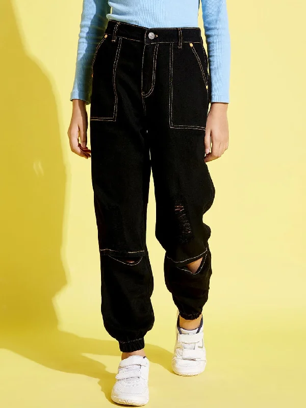 Cropped Jeans for Summer Look -Girls Black Knee Slit Denim Jogger Jeans