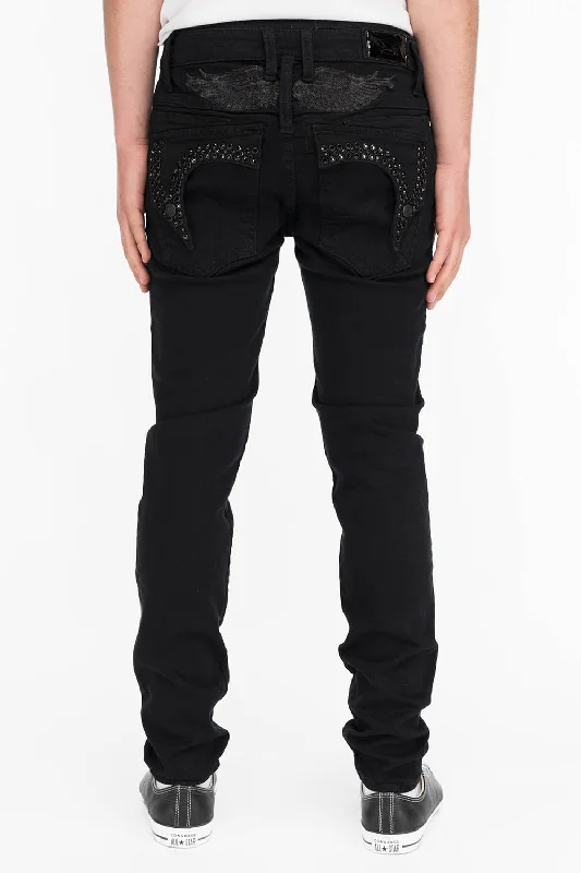 Dark Wash Jeans for Elegance -KILLER FLAP MENS SKINNY JEANS IN BLACK ON BLACK WITH CRYSTALS