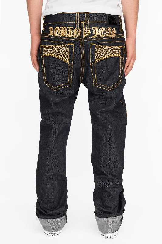 Denim Jeans for Durability -MENS RAW DENIM SLIM FIT CLASSIC JEANS WITH ORANGE HEAVY STITCHING STUDS AND CRYSTALS