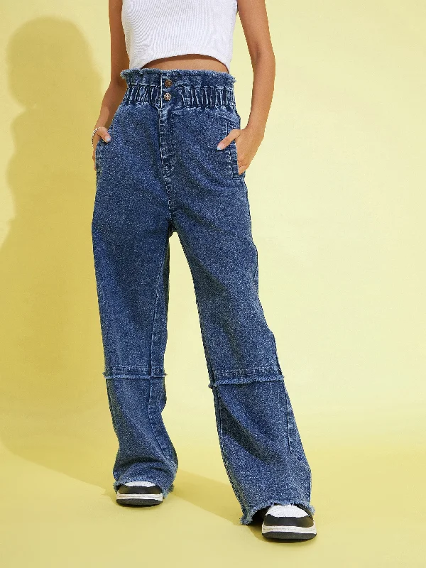 Affordable Jeans for Budget -Girls Blue Acid Wash Paper Bag Waist Straight Jeans