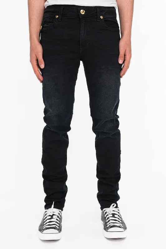 Fringed Jeans for Western -KILLER FLAP MENS SKINNY JEANS IN BLACK WITH GOLD O.E. LOGO