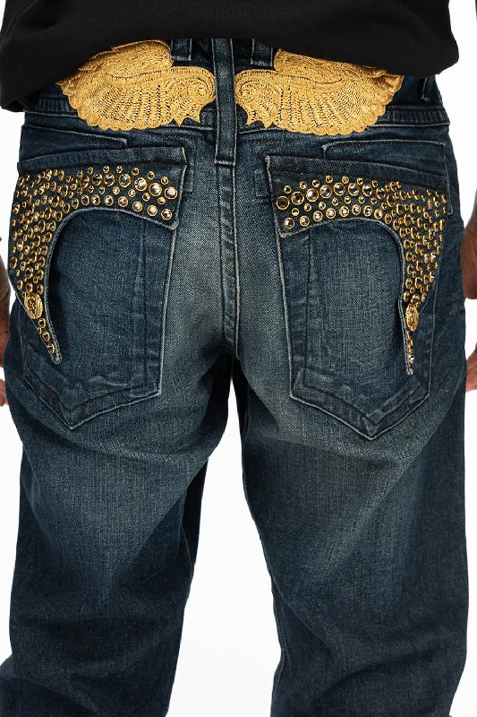 Wrap Skirt Jeans for Versatile -KILLER FLAP MENS SKINNY JEANS IN DARK BLUE WITH GOLD WINGS AND FULL CRYSTAL