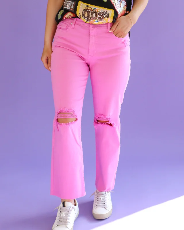 Mom Jeans for Vintage Appeal -Pink Jeans with Ripped Knee