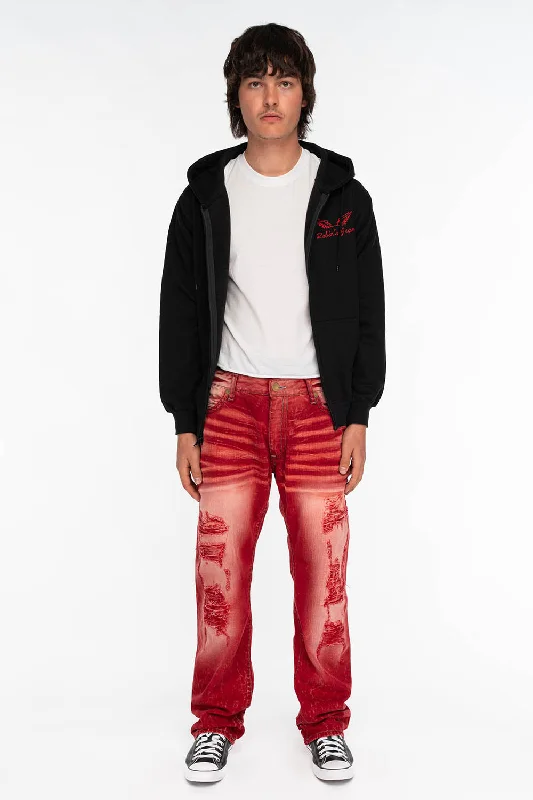 Christmas Jeans for Seasonal -HEAVY STITCH JEANS IN F-UP RED WITH WHITE CONTRAST