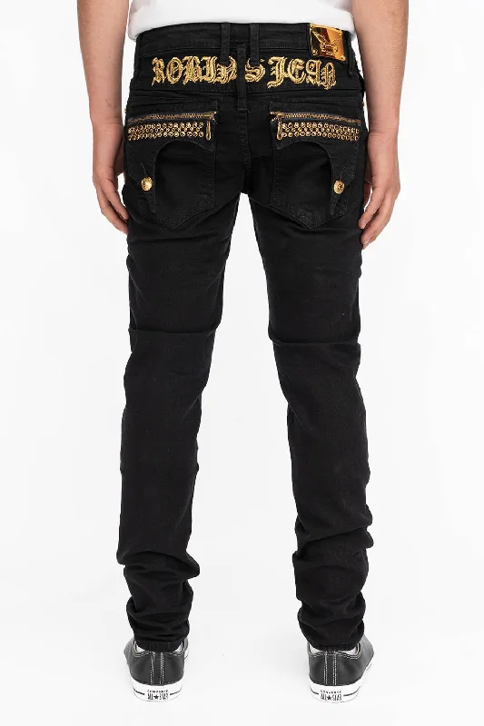 Work Jeans for Tough Jobs -ZIPPER KILLER FLAP MENS SLIM JEANS IN BLACK WITH GOLD CRYSTALS