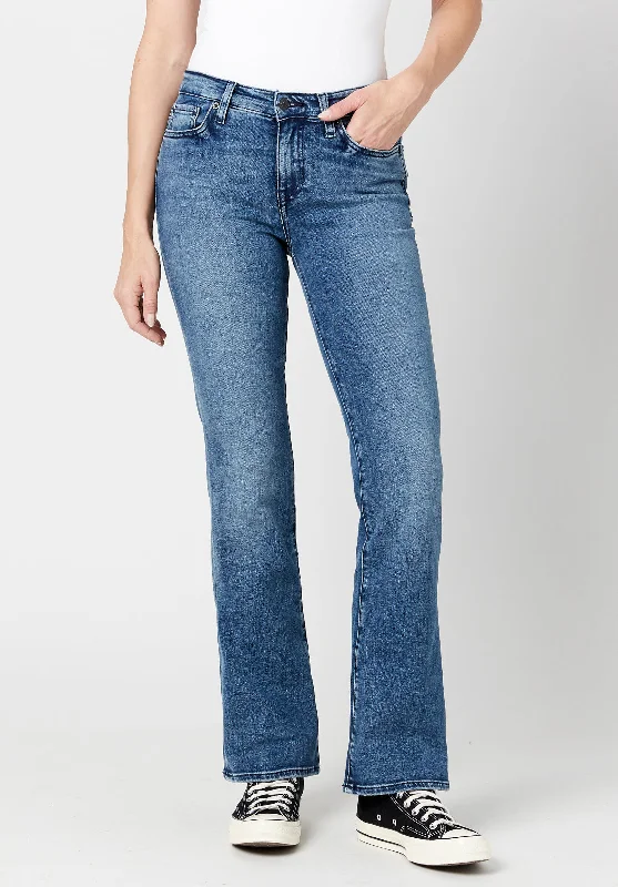 Distressed Jeans for Edgy Style -Mid Rise Bootcut Queen Women's Jeans in Whiskered and Sanded Blue - BL15831