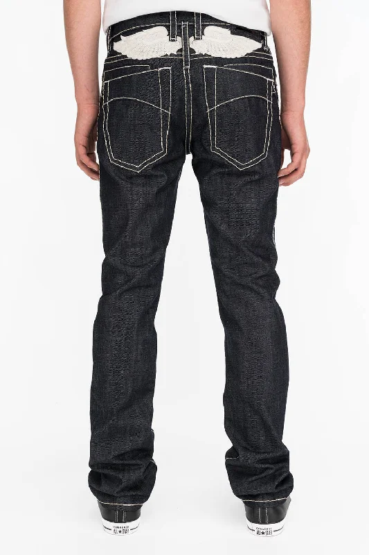 Raw Denim Jeans for Authentic -MENS RAW DENIM SLIM FIT CLASSIC JEANS WITH HEAVY STITCHING AND WHITE EMBROIDERED WINGS