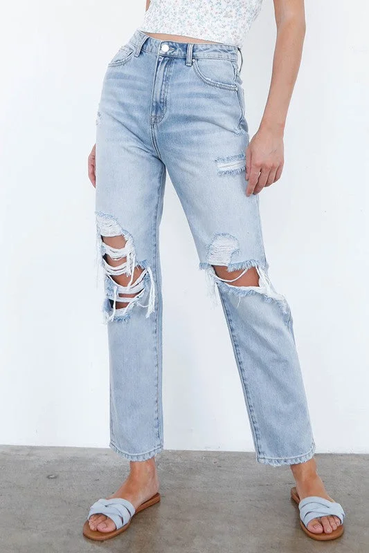 Raw Denim Jeans for Authentic -High Waist Ripped Loose Fit Jeans