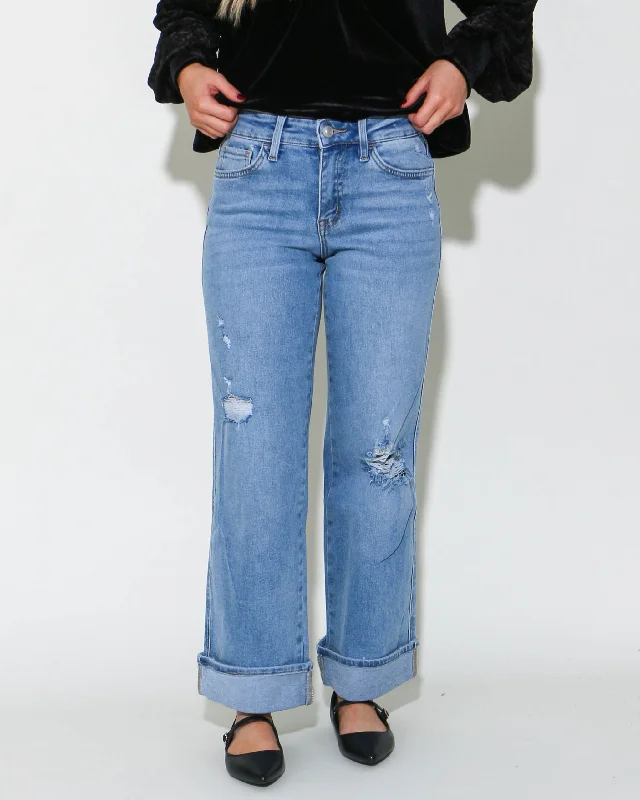 Shopping Jeans for Convenient -Mid-Rise Cuffed Ankle Wide Jeans