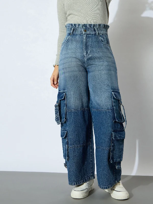 Hunting Jeans for Woods -Girl Blue Wash Denim Paper Bag Waist Cargo Jeans