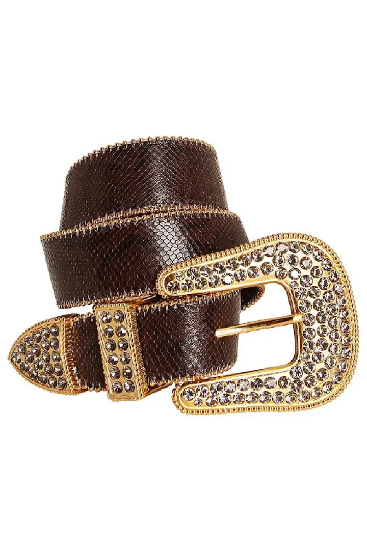 Frayed Hem Jeans for Edgy -ROBIN'S JEAN CRYSTAL BELT IN GOLD AND BROWN SNAKE