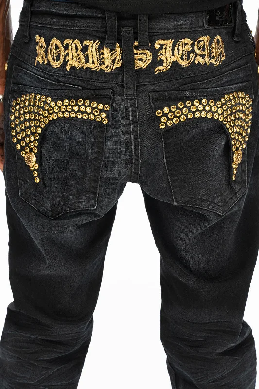 Leather Trim Jeans for Luxury -KILLER FLAP SKINNY MENS JEANS IN F_UP BLACK WITH FULL GOLD CRYSTALS